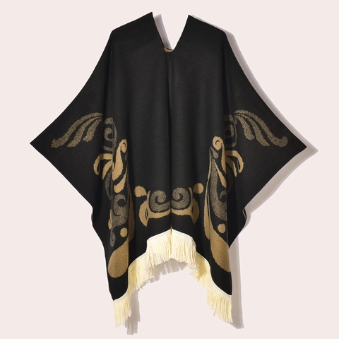 Poncho Chal para Mujer Vintage Pullover Étnico Geométrico con Borlas Cálido Invierno Capa de Imitación Cachemira