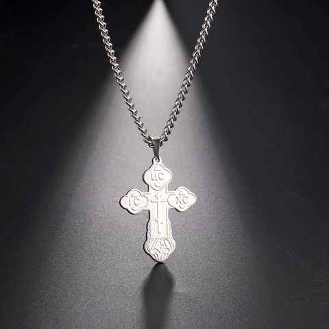 Men Orthodox Cross Pendant Necklace Stainless Steel Religious IC XC Symbols Retro Curb Chain Jewelry