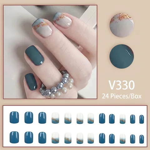Press On Nails Blue White Gradient With Gold Foil Short Square Round Glossy Elegant Morandi Artificial False Nails