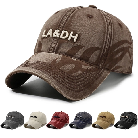 Washed Cotton Baseball Cap Vintage Distressed Letter Embroidery Flame Print Adjustable Sun Hat For Men Women