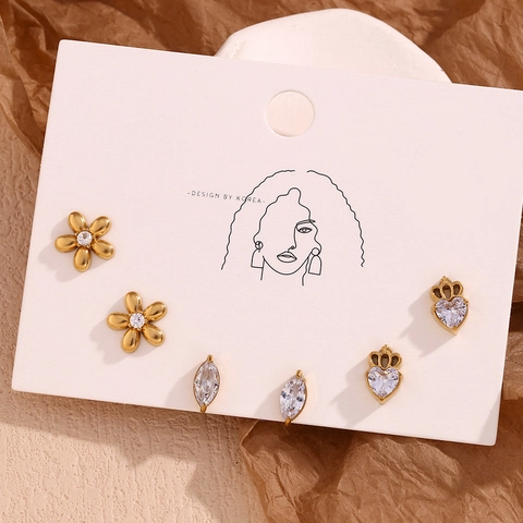 Stainless Steel Zirconia Flower Crown Marquise Stud Earrings 18K Gold Plated Tiny Floral Heart Piercing Jewelry For Women