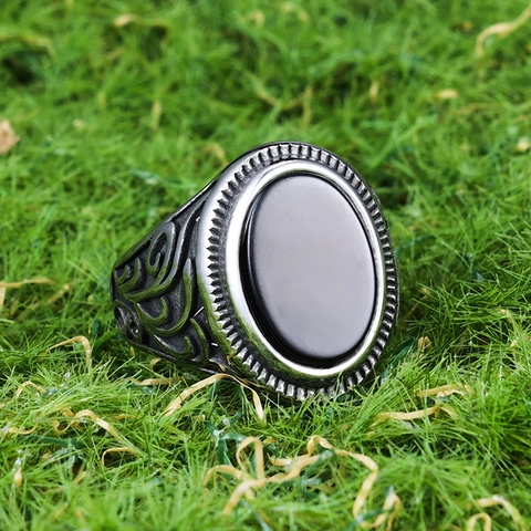 Anello Retrò Da Uomo In Acciaio Inossidabile Con Pietra Di Agata Nera Ovale Motivo A Volute Intagliate Gioielli Punk Gotici