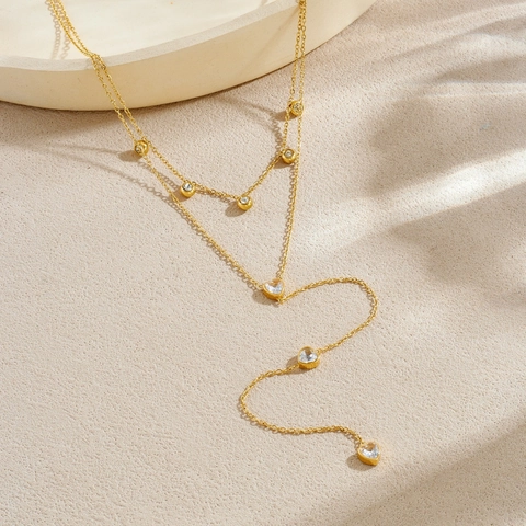 Dubbellaagse Ketting Met Hart Hanger Verguld Roestvrij Staal Zirkonia Y Vormige Fijne Ketting Mode Sieraden Voor Dames