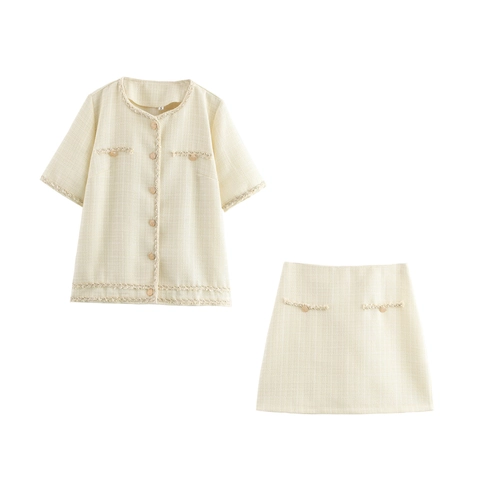 Elegant Women Tweed Short Sleeve Top And Mini A-Line Skirt Gold Buttons Tassel Fringe