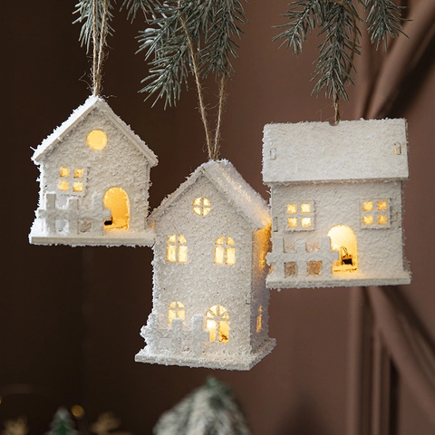 Casa De Nieve De Navidad Con Luz LED Miniatura De Madera Ornamento Decoración De Escritorio Colgante Blanco Invierno Estilo Nórdico