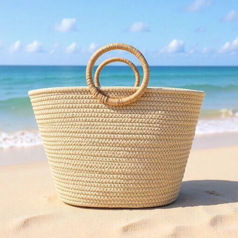 Bolso Tote De Paja Y Cuerda De Algodón Tejido A Mano Gran Capacidad Asa Redonda Bohemio Playa Vacaciones
