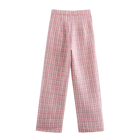 Pantalones De Pierna Ancha De Tweed Para Mujer Rosa A Cuadros Cintura Alta Pantalones Rectos Informales Botón