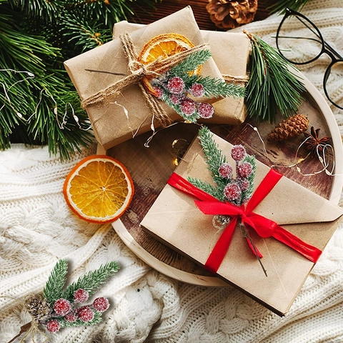 Artificial Christmas Pine Needle Berry Pick With Small Pine Cone Snow Frost Red Berries Twine Bow Xmas Tree Decoration DIY