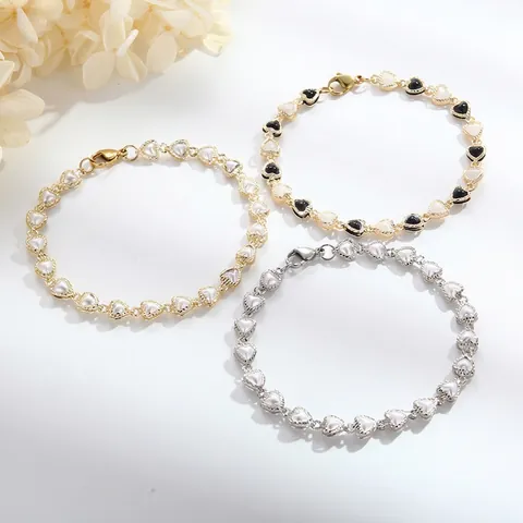 Pulsera De Eslabones En Forma De Corazón De Acero Inoxidable Con Inserciones De Perlas Artificiales Sintéticas Joyas Elegantes Para Mujer