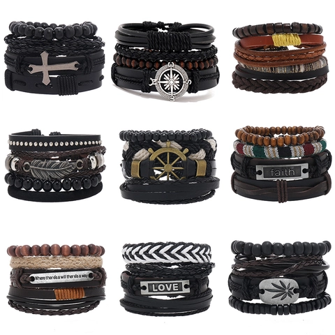 Vintage Multi Layer Heren Armband Rundleer Gevlochten Koord Houten Kralen Legering Bedels Verstelbaar Sieraad Retro