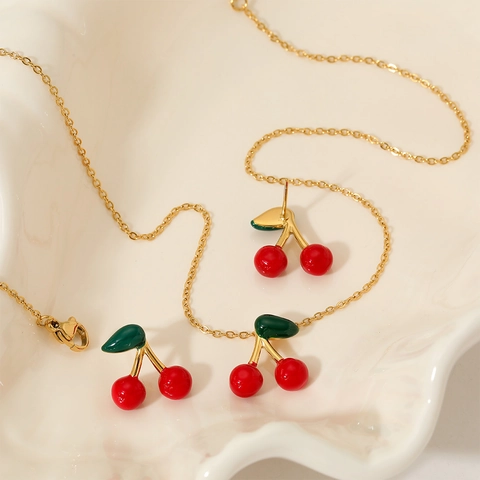 Kirsch Anhänger Halskette Und Ohrstecker Edelstahl Vergoldet Emaille Frucht Schmuck Süße Mode Für Frauen