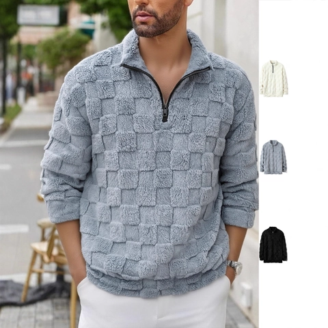 Felpa Da Uomo Con Mezza Cerniera Motivo A Scacchi Pile Collo Alto Manica Lunga Pullover Casual Caldo