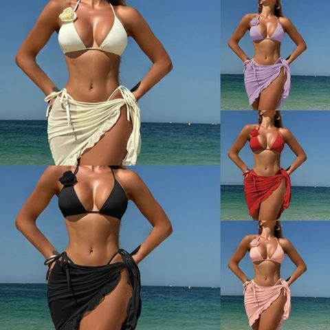Women Bikini Halter Top And Tie Side Bottom And Mesh Sarong Skirt 3D Rose Flower Swimwear Solid Color Sexy Beachwear