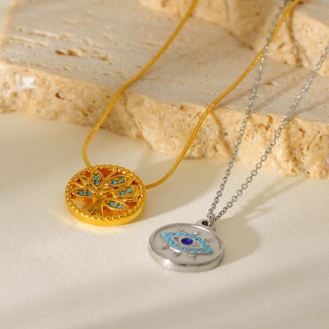 Edelstahl Halskette Für Damen Lebensbaum Böser Blick Anhänger Blaue Rheinstein Schlangenkette Boheme Modeschmuck