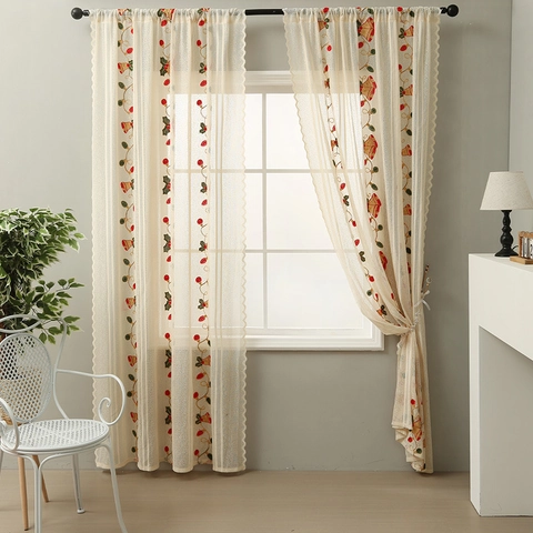 Christmas Sheer Curtains Lace Mesh Embroidered Bell Holly Pattern Semi Transparent Rod Pocket Scalloped Edge Window Decor