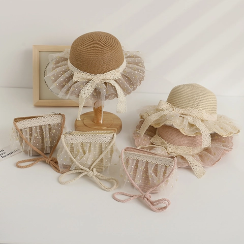 Girls Cute Paper Straw Hat And Bag For Sun Protection Wide Brim Lace Bow Tulle Polka Dot Shading Hat For Summer Outdoor Vacation