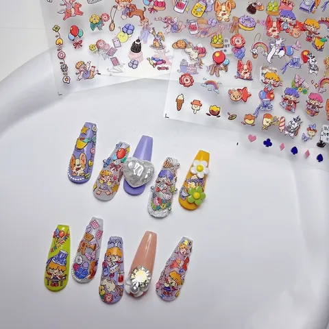Autocollants Art Des Ongles En Relief 5D Fille Dessin Animé Lapin Ours Corgi Motifs 3D Relief Décalcomanies Auto Adhésives