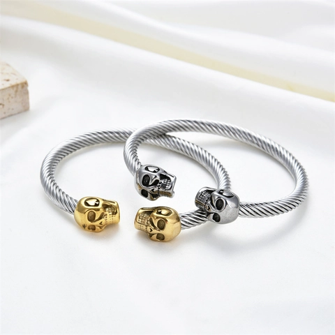 Skull Head Open Cuff Bangle Stainless Steel Twisted Cable Wire Bracelet Punk Hip Hop Gothic Jewelry Adjustable