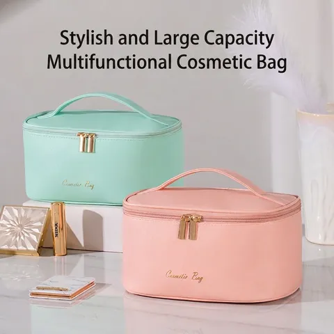 Grande Capacité Sac À Cosmétiques Cuir PU Imperméable Double Fermeture Éclair Portable Voyage Maquillage Toilette Organisateur Femmes