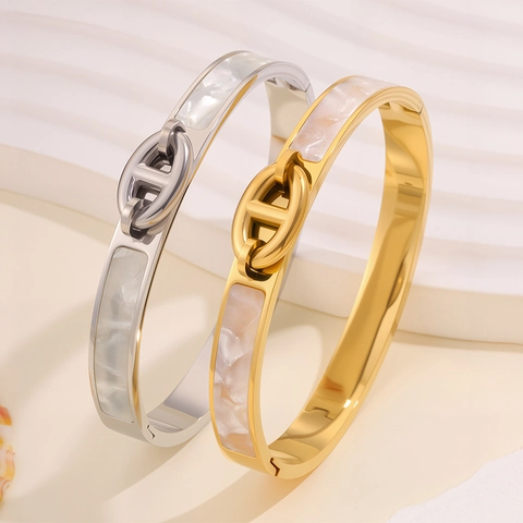 Edelstahl Armreif Mit Perlmutt Inlay Elegantes Kettenlied Design Modeschmuck Für Damen