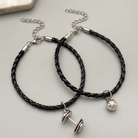 Pulsera Hombre Aleación Mancuerna Fútbol Colgante Cuero Trenzado Cadena Metal Fitness Deportes Joyería Minimalista Cierre