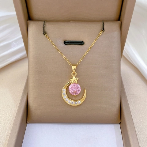 Star Moon Pendant Necklace Stainless Steel Copper Pink Zircon Micro Pave Luxury Elegant Jewelry For Women