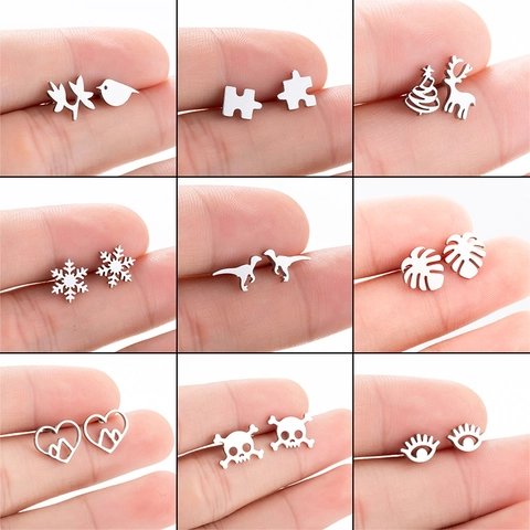 Stainless Steel Stud Earrings Minimalist Cute Dinosaur Christmas Tree Deer Snowflake Heart Mountain Skull Eye Leaf Fashion For Women