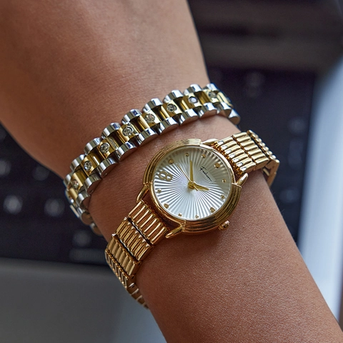 Women Stainless Steel Bracelet Watch Strap Style Two Tone Gold Silver Color With Zircon Inlay Fashion Hypoallergenic