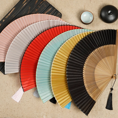 Satin Folding Fan With Carved Bamboo Ribs Elegant Chinese Style Handheld Fan For Women Wedding Dancing Gift Tassel