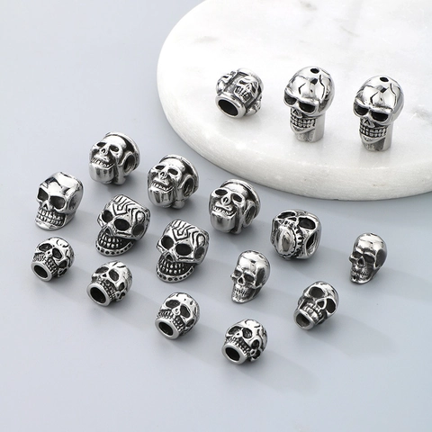 Skull Head Spacer Beads Stainless Steel Punk Gothic Retro Silver DIY Bracelet Necklace Jewelry Making Halloween