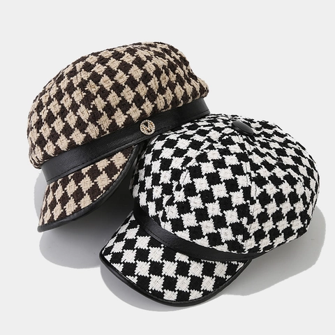 Gorra Newsboy Retro Mujer Tweed Pata De Gallo Con Ala Cuero PU Logotipo Metal M Diamantes Imitación Estilo Británico