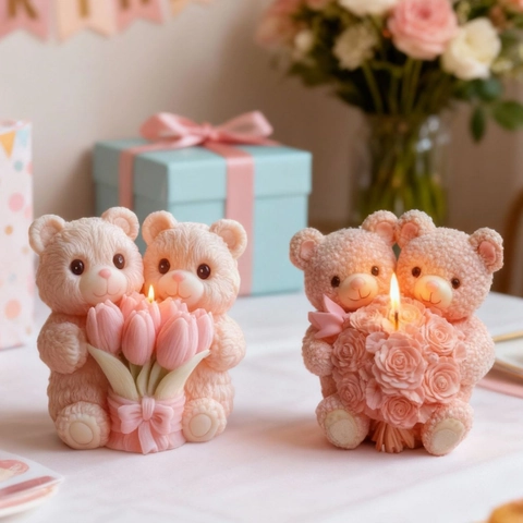 Bear Holding Flower Bouquet Silicone Mold 3D DIY Craft For Candle Making Soap Resin Plaster Creative Novelty