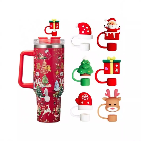 Weihnachten Silikon Strohhalm Aufsätze Staubdicht Wiederverwendbare Abdeckungen Weihnachtsmann Rentier Schneemann Party Dekoration