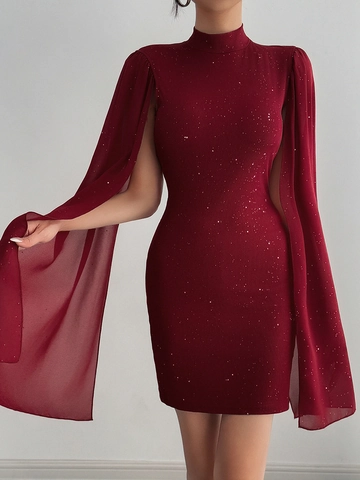 Rhinestone Glitter Bodycon Mini Dress Chiffon Cape Cloak Sleeve High Neck Ribbed Knit Elegant Evening Party Slim Fit