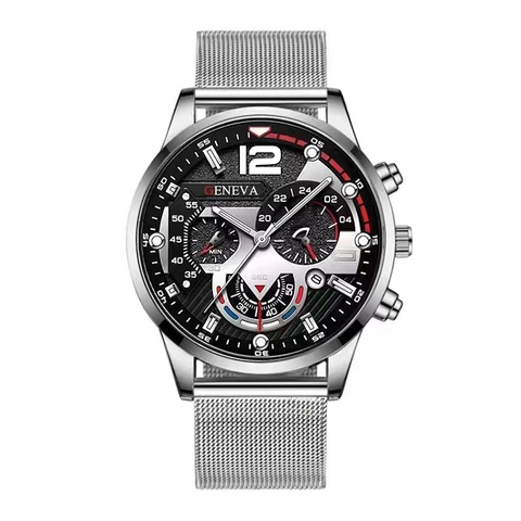 Montre à Quartz Affaires pour Hommes Avec Calendrier Aiguilles Lumineuses Acier Inoxydable Bracelet en Maille Cuir Montre-Bracelet Multifonctionnelle