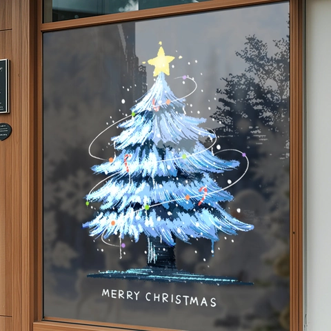 Christmas Window Stickers Static Cling PVC Blue Tree Merry Christmas Glass Door Decal Holiday Party Decoration Snowflake