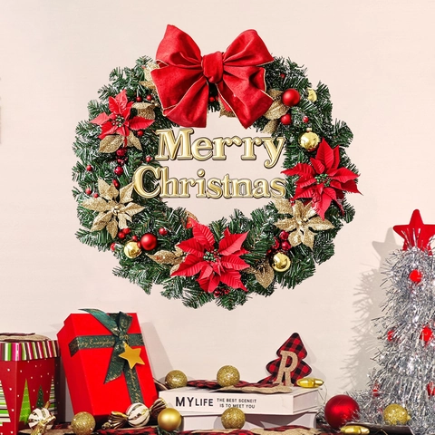 Weihnachts Kranz Wandaufkleber PVC Merry Christmas Brief Rote Schleife Goldene Kugeln Festliche Haus Fenster Deko