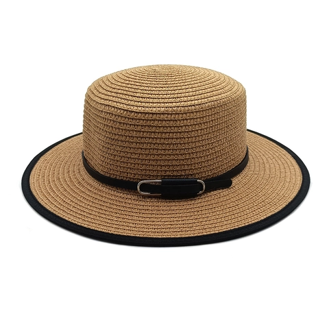 Cappello Di Paglia Donna Boater Cupola Piatta Tesa Larga Protezione Solare Spiaggia Vacanze Moda Intrecciato Estate