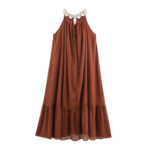 Vestito Lungo Halter Donna Chiffon Scollo Anello Metallico Senza Maniche Bohemien Orlo A Volant