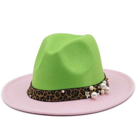 Cappello Fedora Bicolore Feltro Di Lana Tesa Larga Jazz Cap Con Fascia Leopardata Decorazione Perla Artificial Fiore Uomo Donna