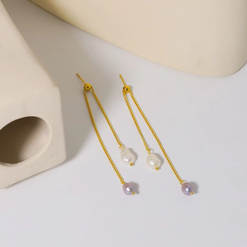 Pendientes de Borla de Perla de Agua Dolce Natural de Diseño Original Con Poste de Plata de Ley 925 Chapado en Oro 18K Cadena Larga Ajustable Joyería Mujer