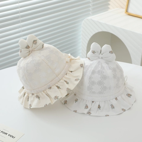 Baby Girl Lace Bucket Hat Floral Breathable Sun Hat With Bowknot Ruffle Summer Princess Fisherman Hat For Infant Toddler