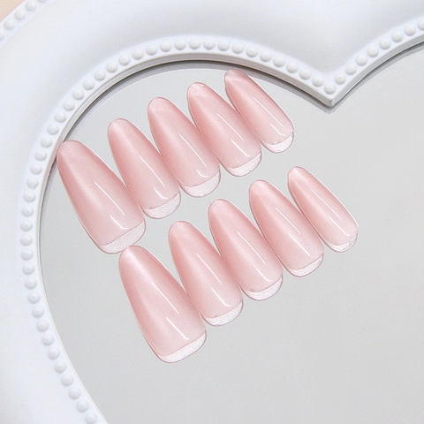 Uñas Postizas Hechas A Mano Ojo De Gatto Rosa Melocotón French Forma Almendra Manicura Brillante Para Mujer Dulce Elegante