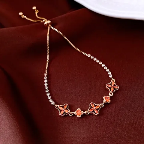 Vintage Flower Clover Adjustable Bolo Bracelet Copper Gold Plated With Orange Cubic Zirconia Clear Rhinestones Luxury Jewelry For Women