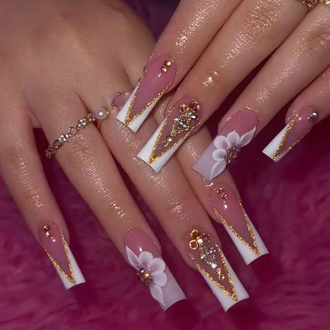 Press On Nails Long Coffin Pink Ombre French With 3D White Flowers Rhinestones Gold Glitter Luxury Artificial Fingernails