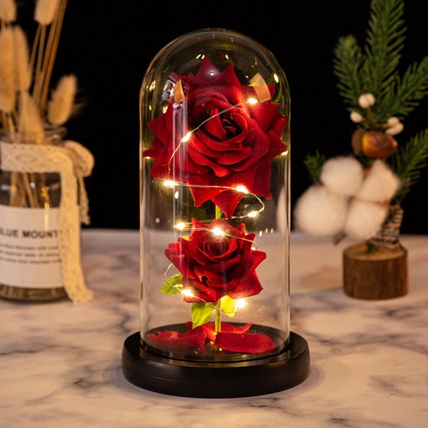 Rose Éternelle Sous Cloche En Verre LED Lumière Base En Bois Décor De Fleurs Préservées Cadeau Saint Valentin