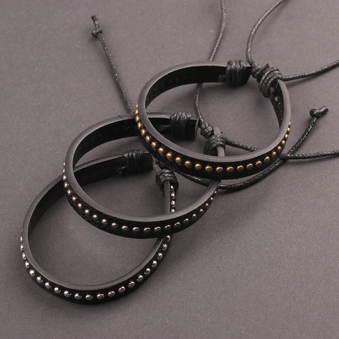 Punk PU Leather Bracelet For Men Single Row Alloy Rivet Adjustable Braided Rope Vintage Rock Wristband