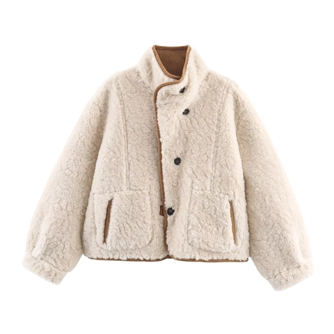 Giacca Reversibile da Donna in Finta Pelle Scamosciata e Lana di Agnello Collo in Piedi Giacca Invernale Calda