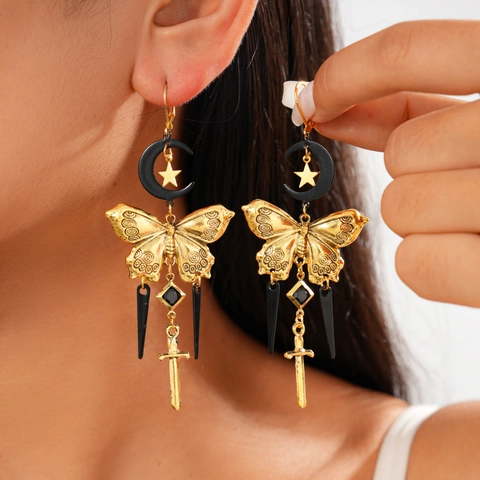 Alloy Dangle Ohrringe Schmetterling Mond Stern Schwert Gothic Retro Schmuck Für Frauen Gold Schwarz