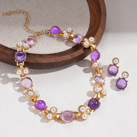 Parure Gioielli Collana E Orecchini Stile Palazzo Vintage Lega Con Pietre Resina Viola E Perla Artificial Imitazione